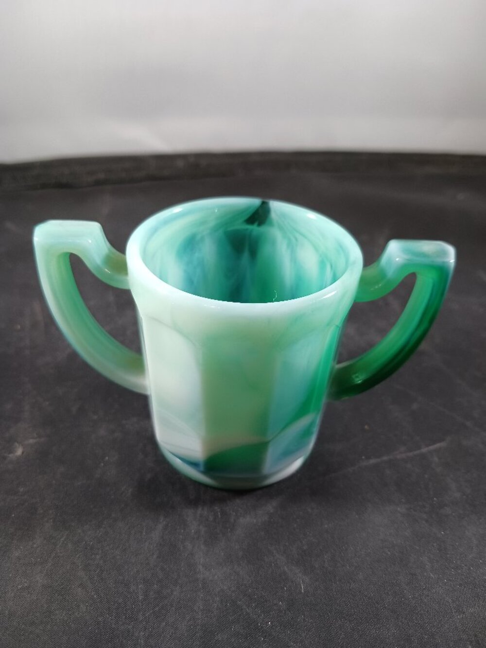 Vintage Imperial Glass Colonial Green Slag Colonial 2-Handled Toothpick Holder